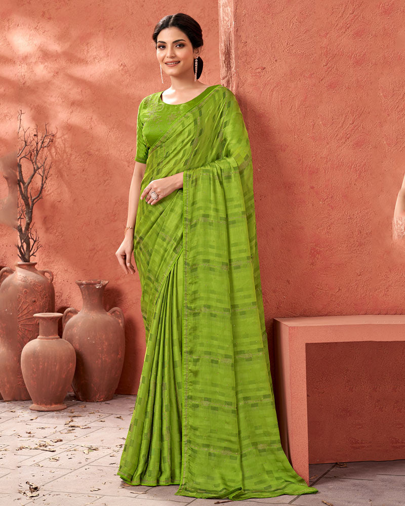 Vishal Prints Olive Green Designer Fancy Chiffon Saree With Diamond Work And Core Piping
