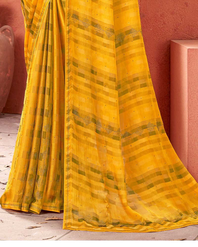 Vishal Prints Mustard Designer Fancy Chiffon Saree With Diamond Work And Core Piping