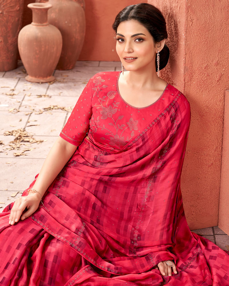 Vishal Prints Pinkish Red Designer Fancy Chiffon Saree With Diamond Work And Core Piping