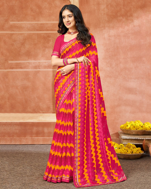 Vishal Prints Red Pink Printed Chiffon Saree With Foil Print And Fancy Border
