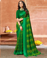 Vishal Prints Dark Green Printed Chiffon Saree With Foil Print And Tassel