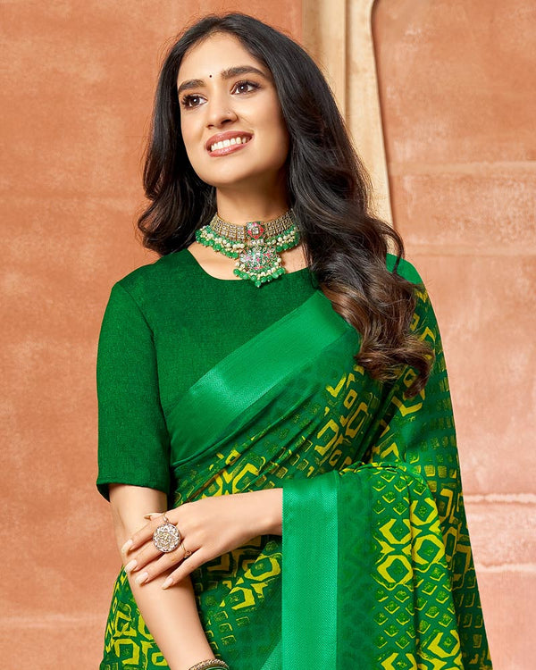 Vishal Prints Dark Green Printed Chiffon Saree With Foil Print And Tassel