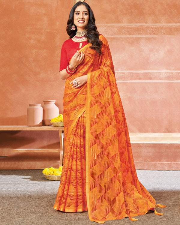 Vishal Prints Orange Printed Chiffon Saree With Foil Print And Tassel