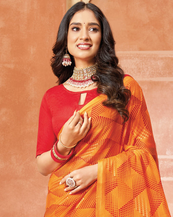 Vishal Prints Orange Printed Chiffon Saree With Foil Print And Tassel