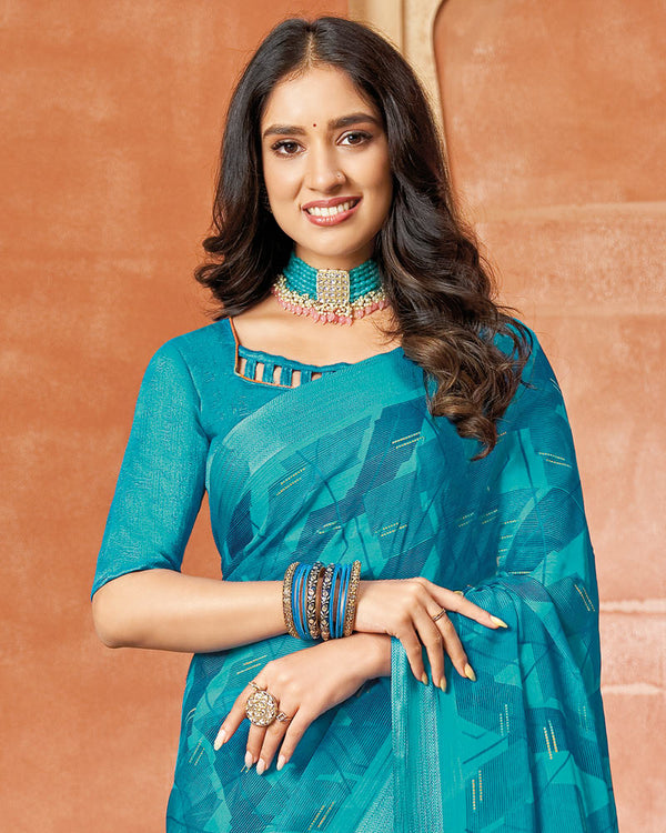 Vishal Prints Dark Turquoise Blue Printed Chiffon Saree With Foil Print And Tassel