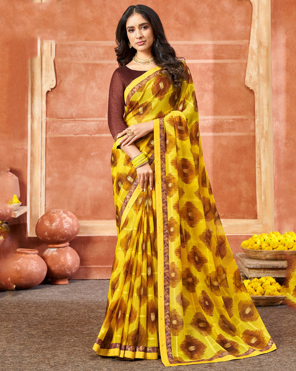 Vishal Prints Yellow Printed Chiffon Saree With Foil Print And Fancy Border