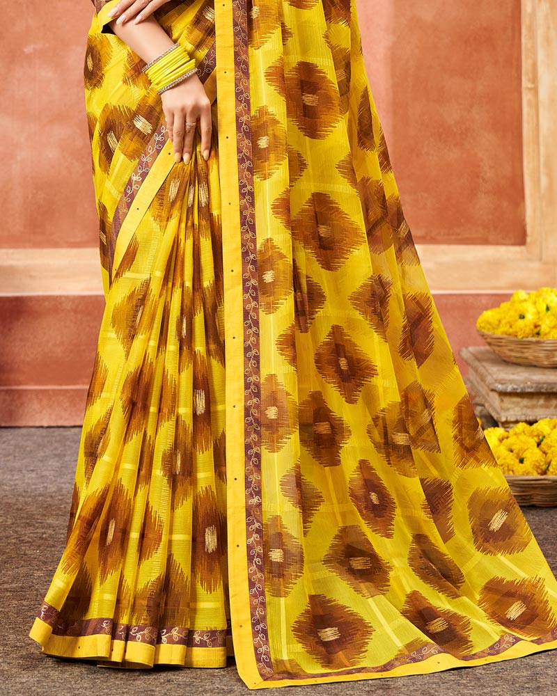 Vishal Prints Yellow Printed Chiffon Saree With Foil Print And Fancy Border