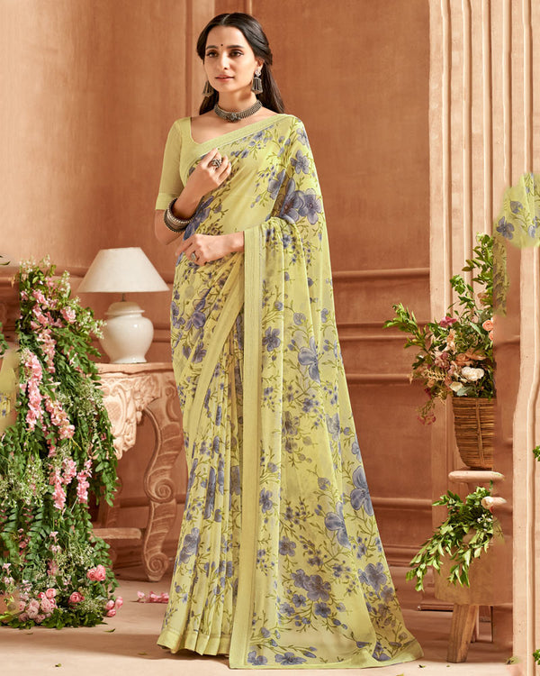 Vishal Prints Laser Yellow Printed Georgette Saree With Fancy Border