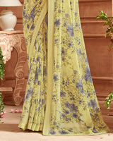 Vishal Prints Laser Yellow Printed Georgette Saree With Fancy Border