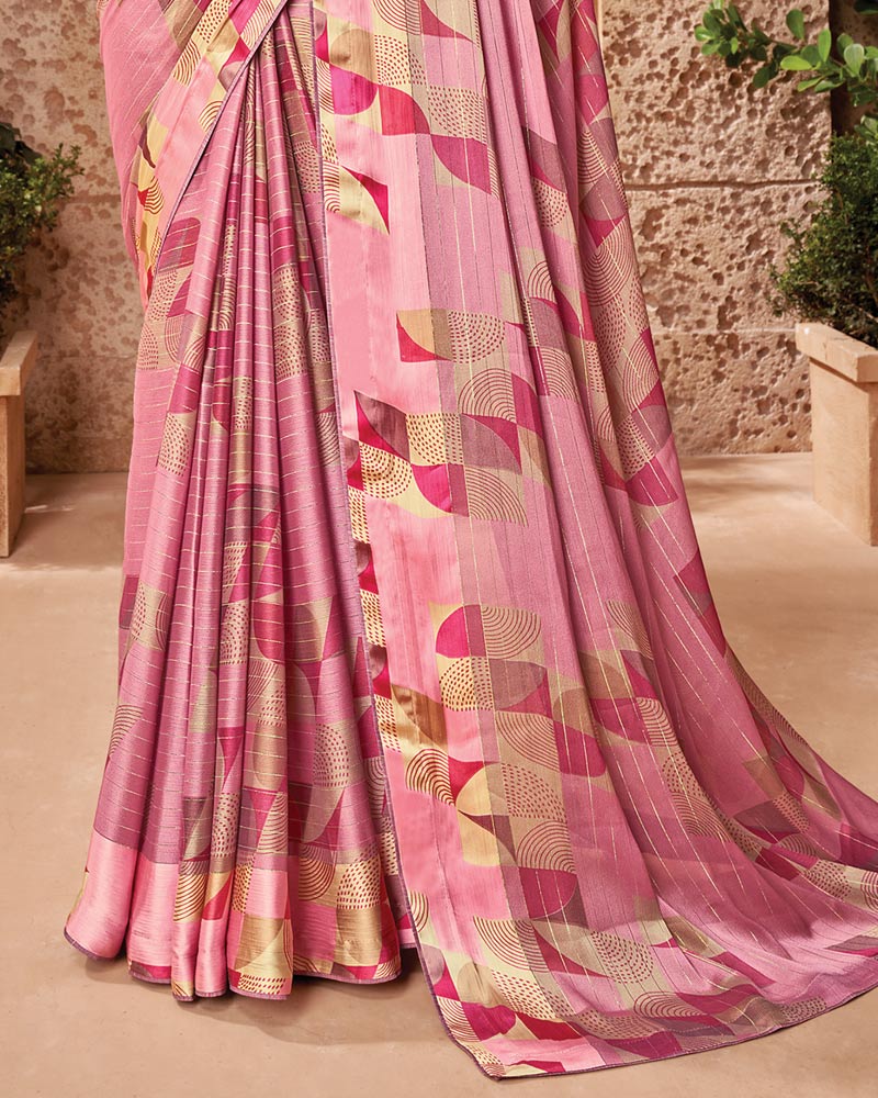 Vishal Prints Pink Printed Fancy Chiffon Saree With Core Piping