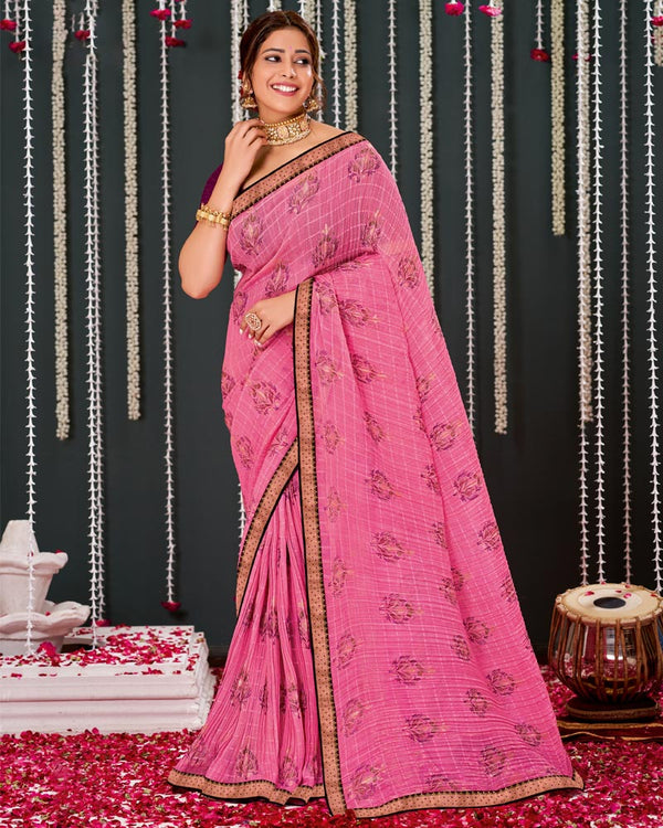 Vishal Prints Pink Crushed Brasso Saree With Foil Print And Zari Border