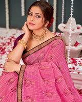 Vishal Prints Pink Crushed Brasso Saree With Foil Print And Zari Border