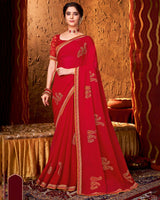 Vishal Prints Cherry Red Designer Chiffon Saree With Embroidery And Diamond Work