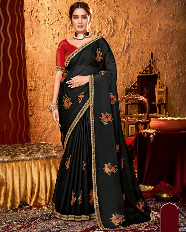 Vishal Prints Black Designer Chiffon Saree With Embroidery And Diamond Work