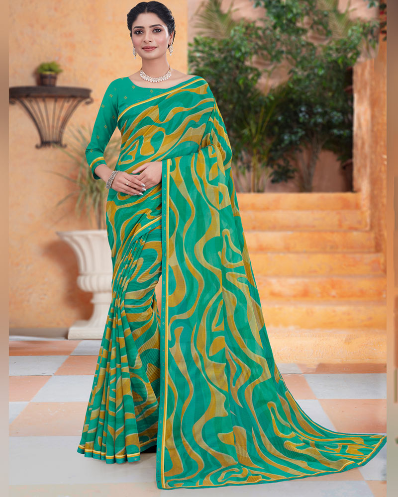 Vishal Prints Aqua Green Printed Fancy Chiffon Saree With Border