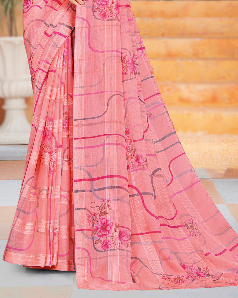 Vishal Prints Pink Printed Fancy Chiffon Saree With Core Piping