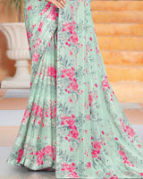 Vishal Prints Mist Green Printed Fancy Chiffon Saree With Core Piping