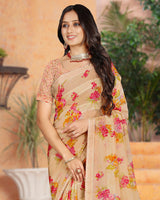 Vishal Prints Pastel Brown Printed Fancy Chiffon Saree With Core Piping