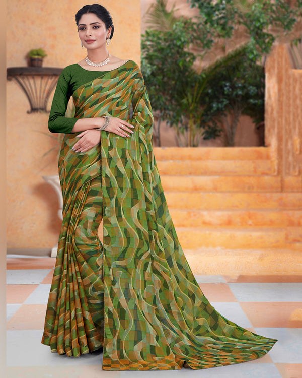 Vishal Prints Dark Olive Green Printed Fancy Chiffon Saree With Core Piping