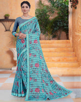 Vishal Prints Dark Turquoise Blue Printed Fancy Chiffon Saree With Border