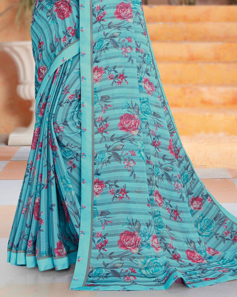 Vishal Prints Dark Turquoise Blue Printed Fancy Chiffon Saree With Border