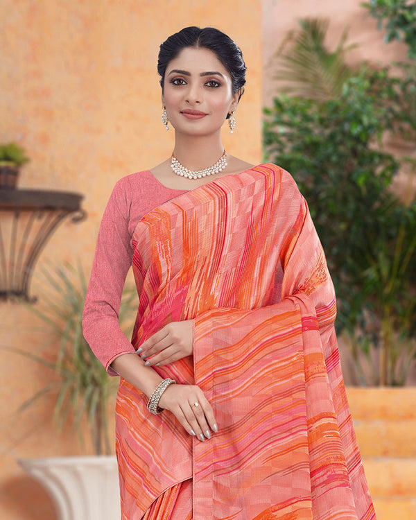 Vishal Prints Peach Printed Fancy Chiffon Saree With Core Piping