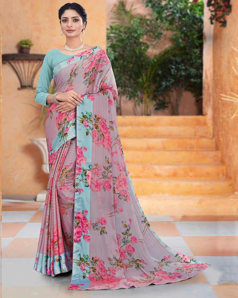 Vishal Prints Dusty Pink Printed Fancy Chiffon Saree With Core Piping