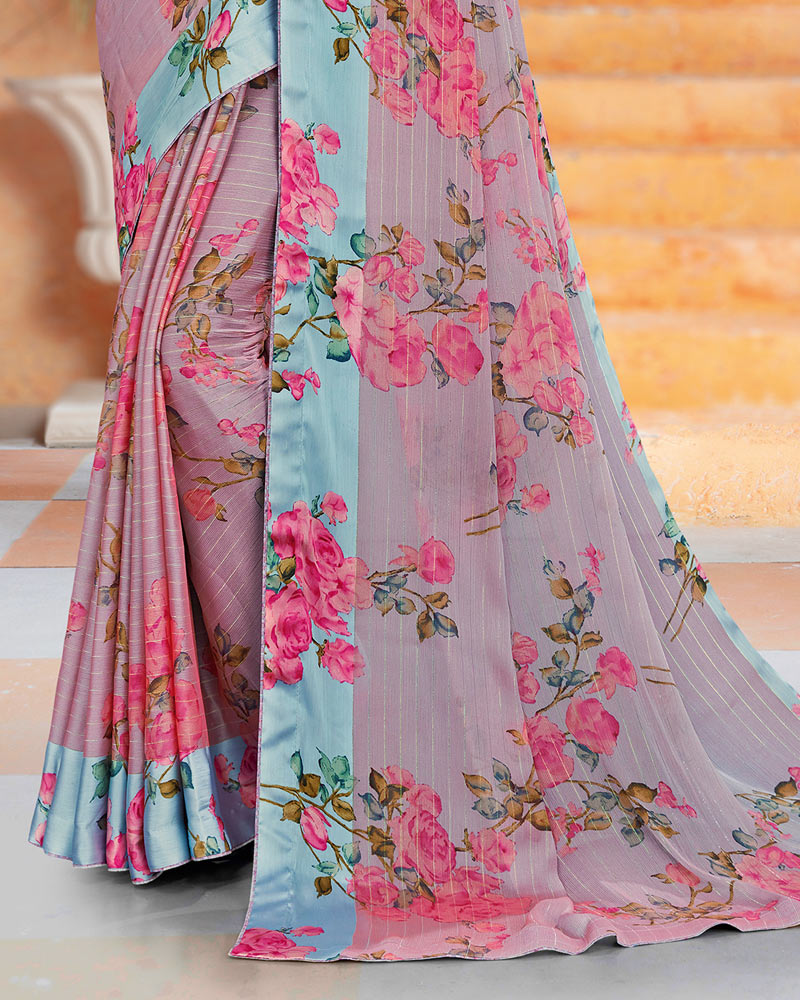 Vishal Prints Dusty Pink Printed Fancy Chiffon Saree With Core Piping