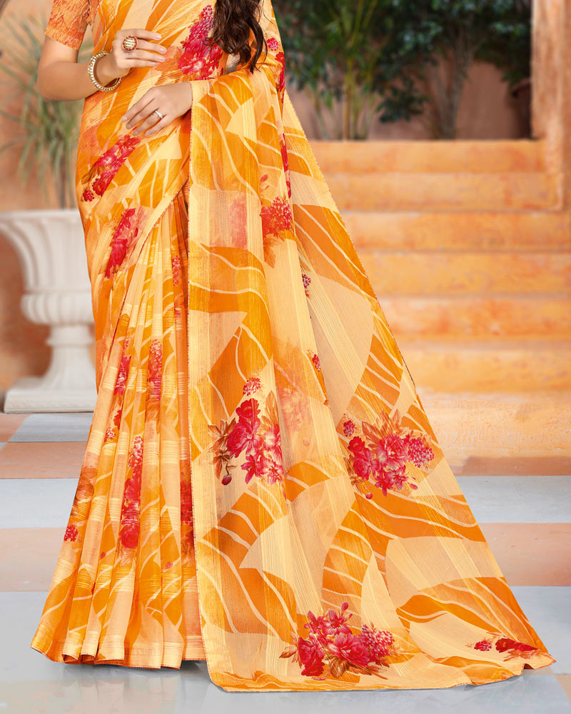 Vishal Prints Saffron Color Printed Fancy Chiffon Saree With Core Piping