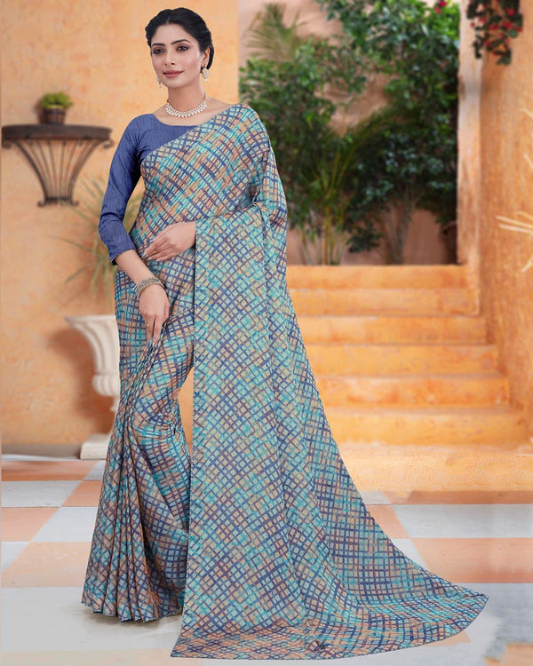 Vishal Prints Dark Turquoise Blue Printed Fancy Chiffon Saree With Core Piping
