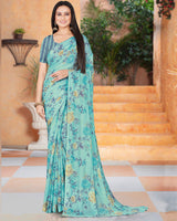 Vishal Prints Turquoise Blue Printed Fancy Chiffon Saree With Core Piping