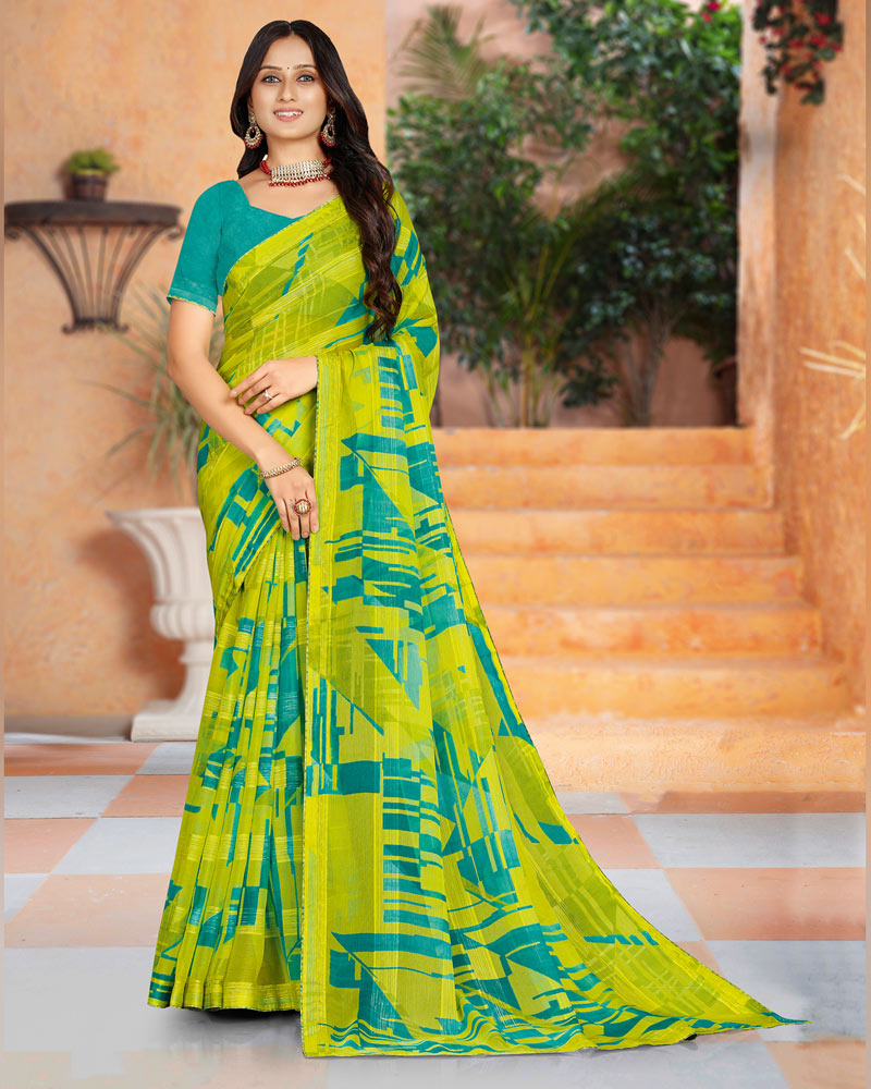 Vishal Prints Lime Green Printed Fancy Chiffon Saree With Core Piping