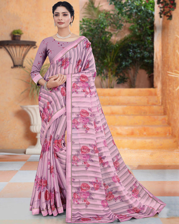 Vishal Prints Baby Pink Printed Fancy Chiffon Saree With Border
