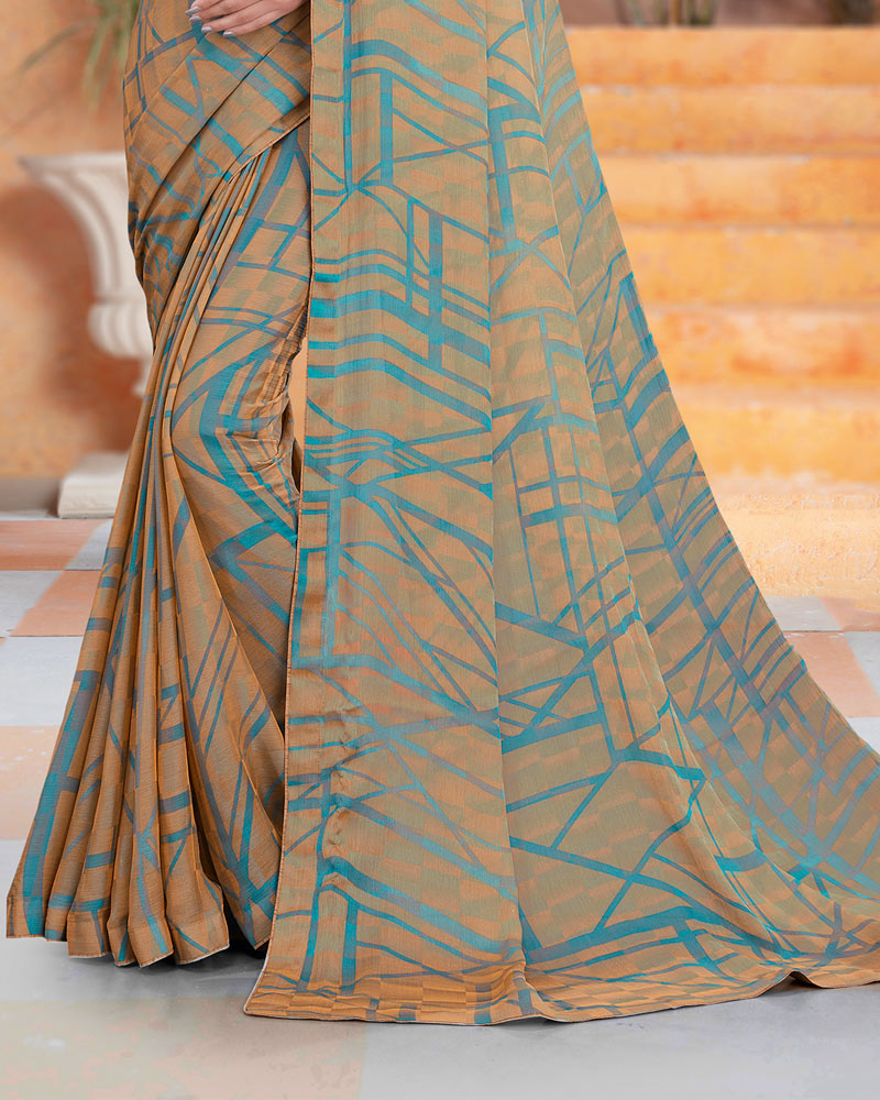Vishal Prints Sand Brown Printed Fancy Chiffon Saree With Core Piping