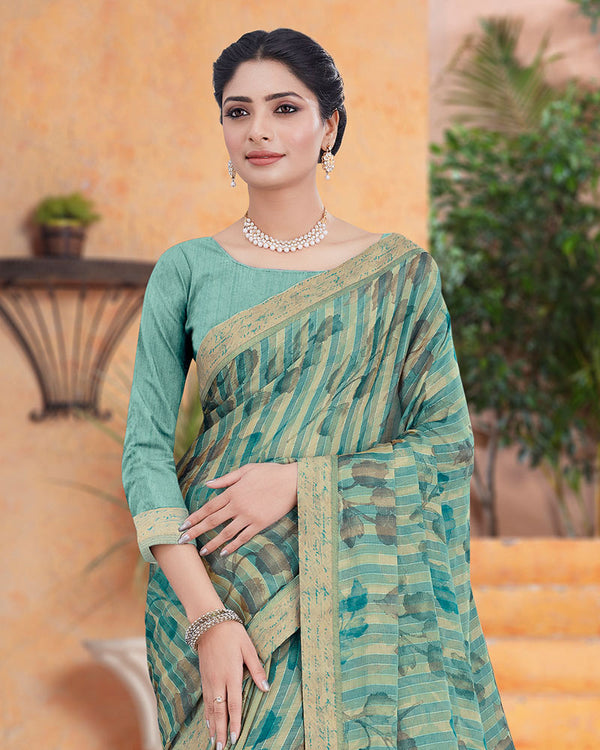 Vishal Prints Pastel Teal Green Printed Fancy Chiffon Saree With Border