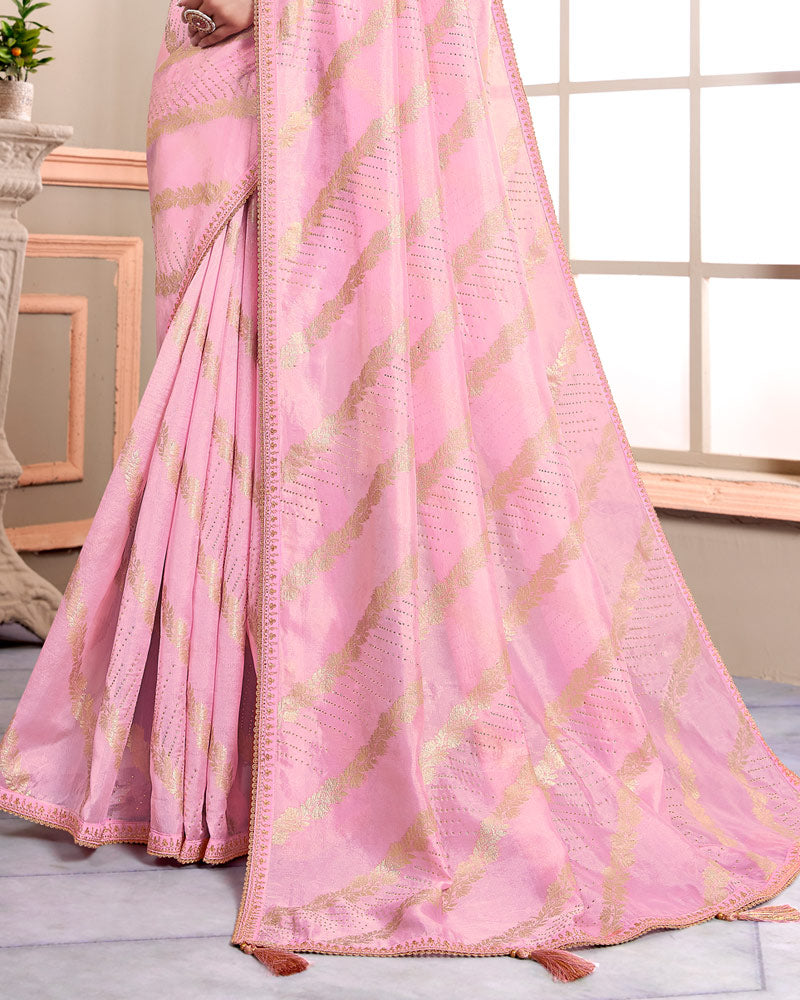 Vishal Prints Light Pink Designer Weaving Jacquard Saree With Diamond Work And Fancy Border