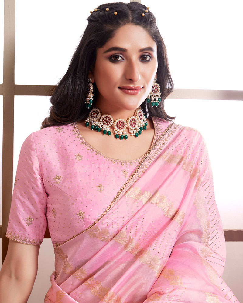 Vishal Prints Light Pink Designer Weaving Jacquard Saree With Diamond Work And Fancy Border