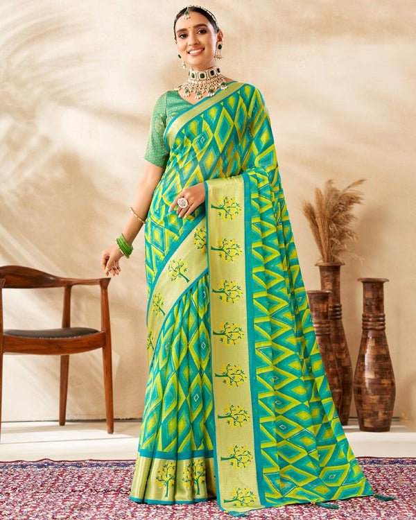 Vishal Prints Teal Green Printed Chiffon Saree With Foil Print And Weaved Viscose Border
