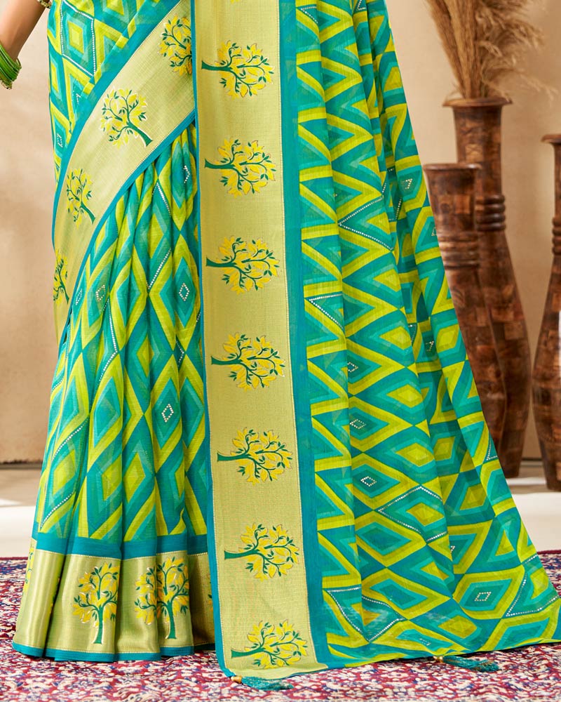 Vishal Prints Teal Green Printed Chiffon Saree With Foil Print And Weaved Viscose Border