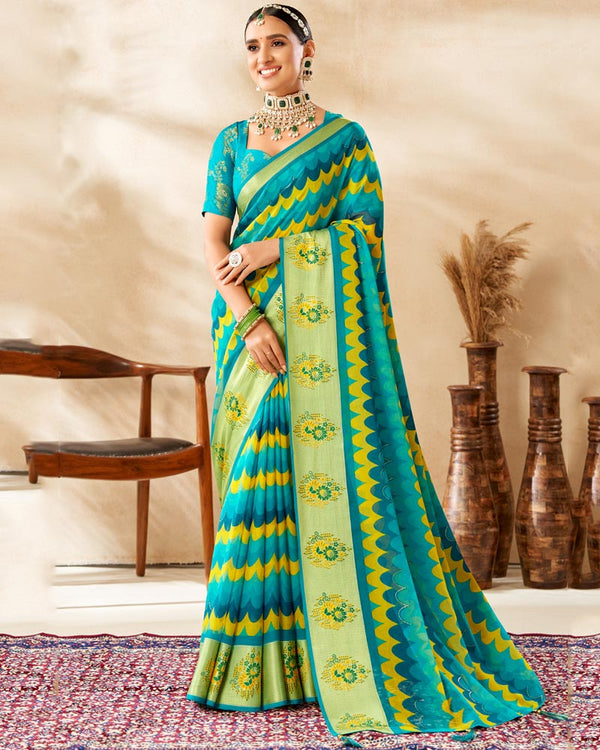 Vishal Prints Dark Turquoise Blue Printed Chiffon Saree With Foil Print And Weaved Viscose Border