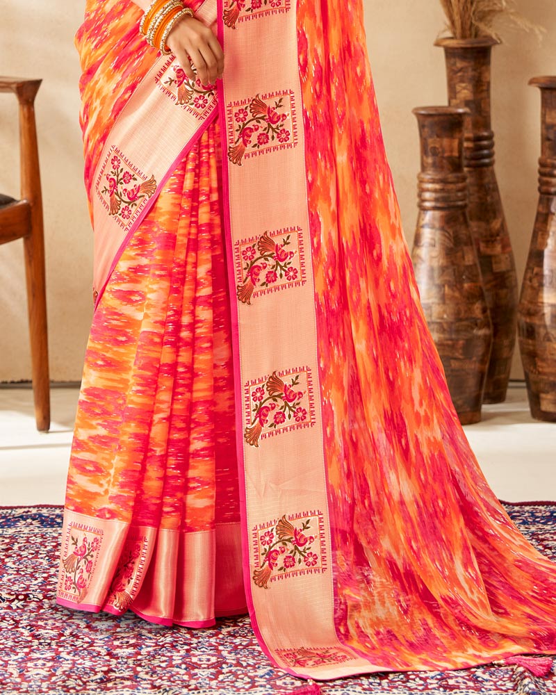 Vishal Prints Red Pink Printed Chiffon Saree With Foil Print And Weaved Viscose Border