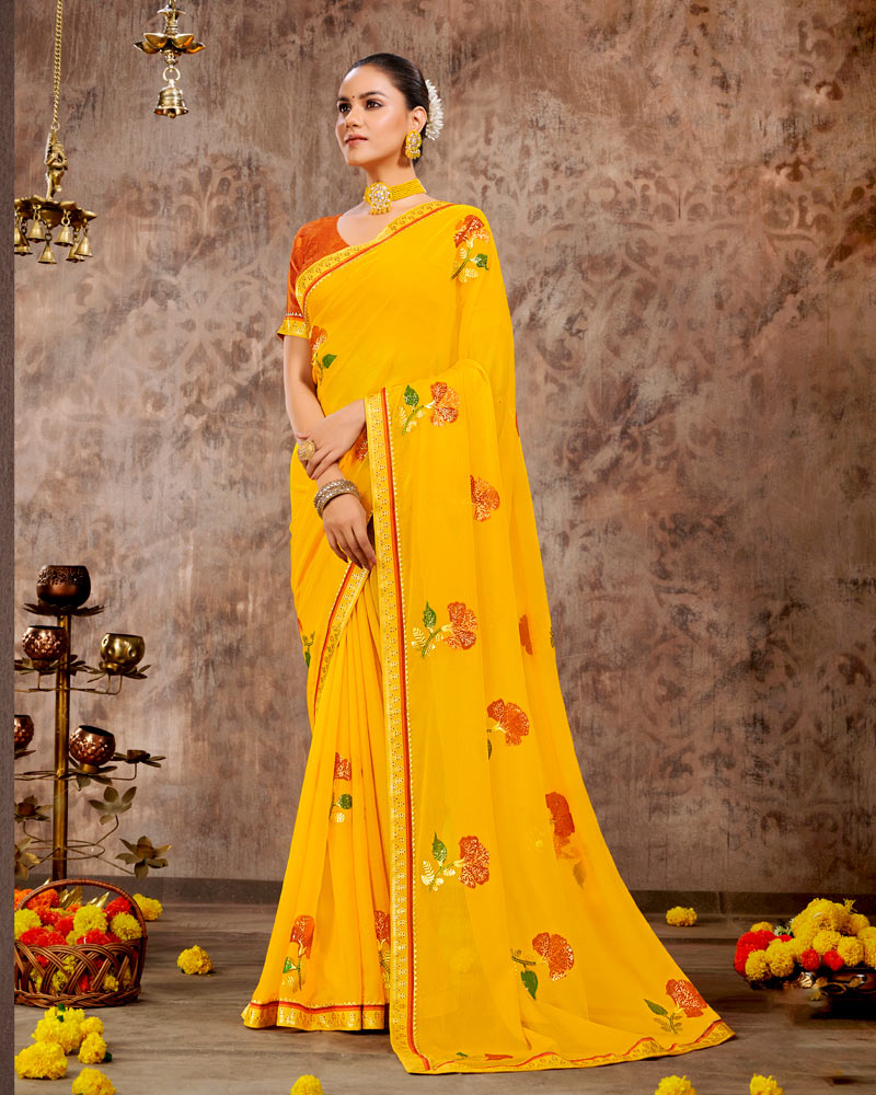 Vishal Prints Dark Yellow Designer Chiffon Saree With Embroidery Work And Fancy Border