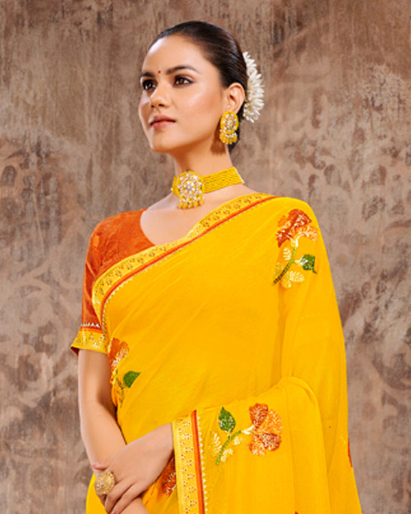 Vishal Prints Dark Yellow Designer Chiffon Saree With Embroidery Work And Fancy Border