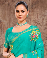 Vishal Prints Dark Turquoise Blue Designer Chiffon Saree With Embroidery Work And Fancy Border