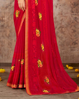 Vishal Prints Dark Red Designer Chiffon Saree With Patch Embroidery Work And Fancy Border