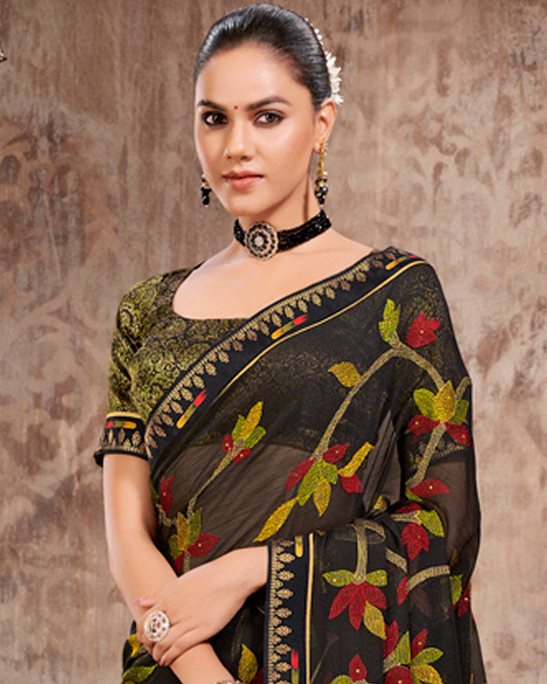 Vishal Prints Black Designer Chiffon Saree With Embroidery Work And Fancy Border