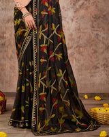 Vishal Prints Black Designer Chiffon Saree With Embroidery Work And Fancy Border