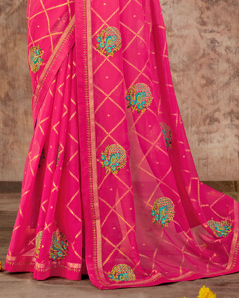 Vishal Prints Red Pink Designer Chiffon Saree With Embroidery Work And Fancy Border