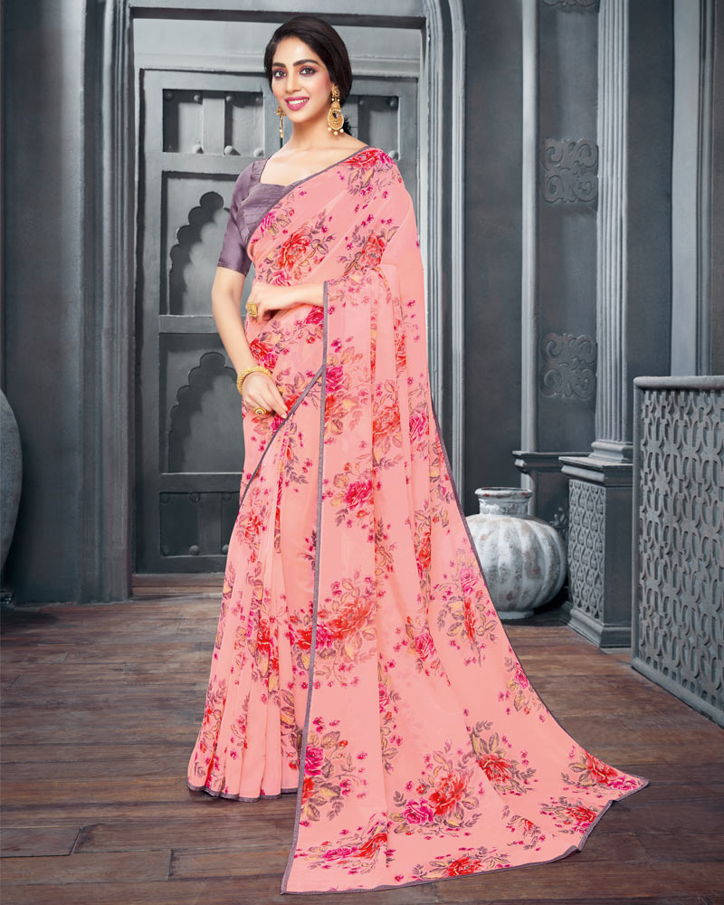 Vishal Prints Pink Digital Printed Organza Saree With Diamond Piping