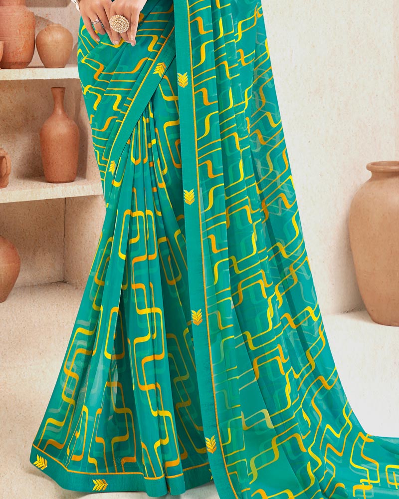 Vishal Prints Teal Green Printed Georgette Saree With Fancy Border
